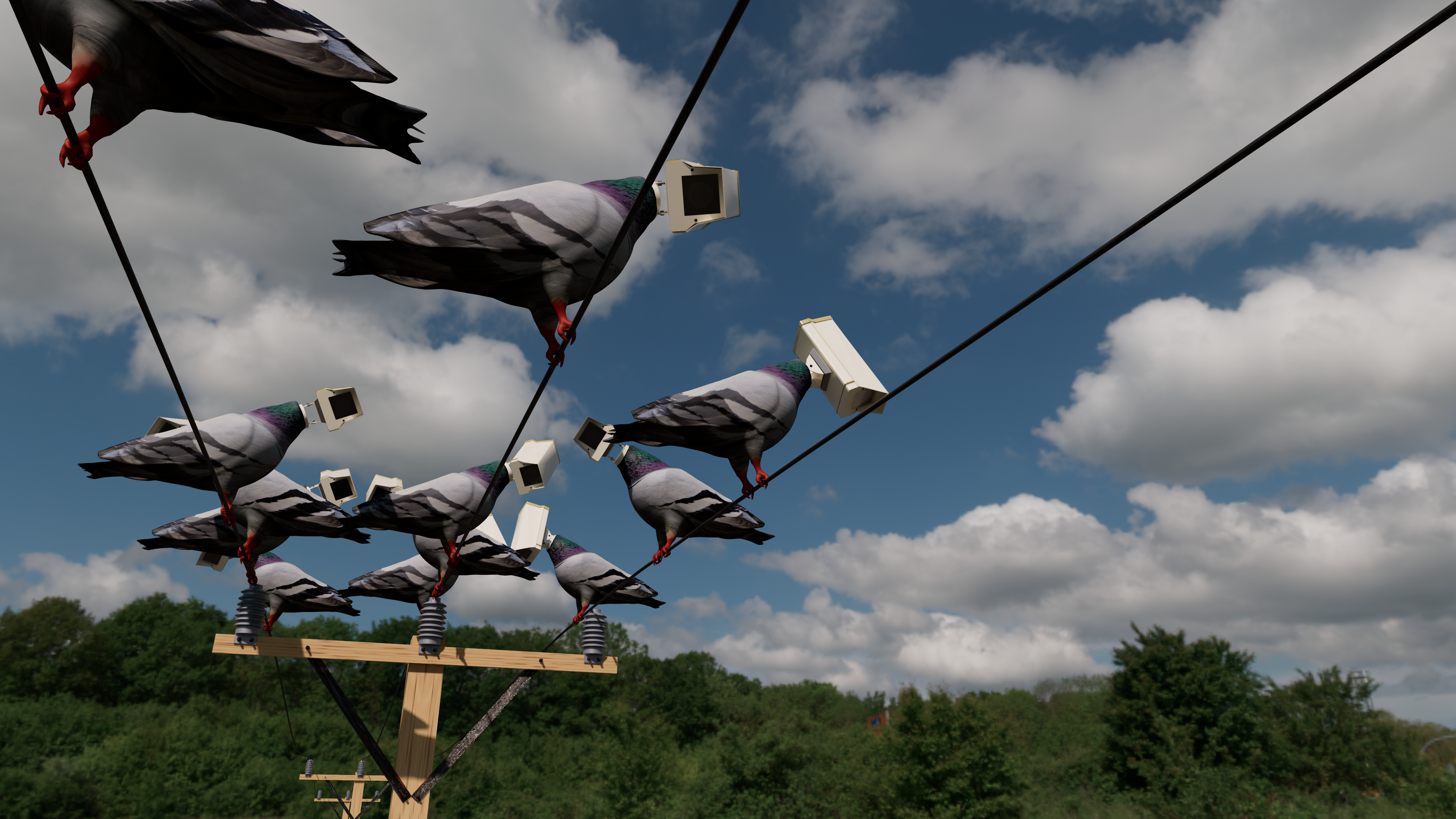 Birds on power lines with CCTV cameras as heads